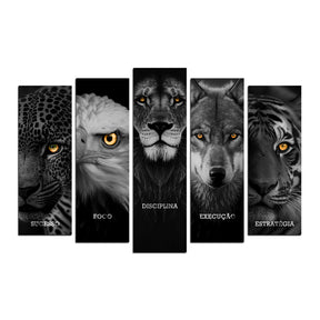 Quadro Decorativo 5 em 1 |  Leão, Lobo, Águia, Tigre e Onça | Motivacional