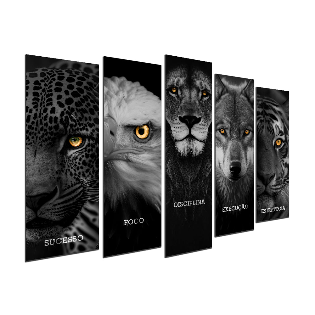 Quadro Decorativo 5 em 1 |  Leão, Lobo, Águia, Tigre e Onça | Motivacional