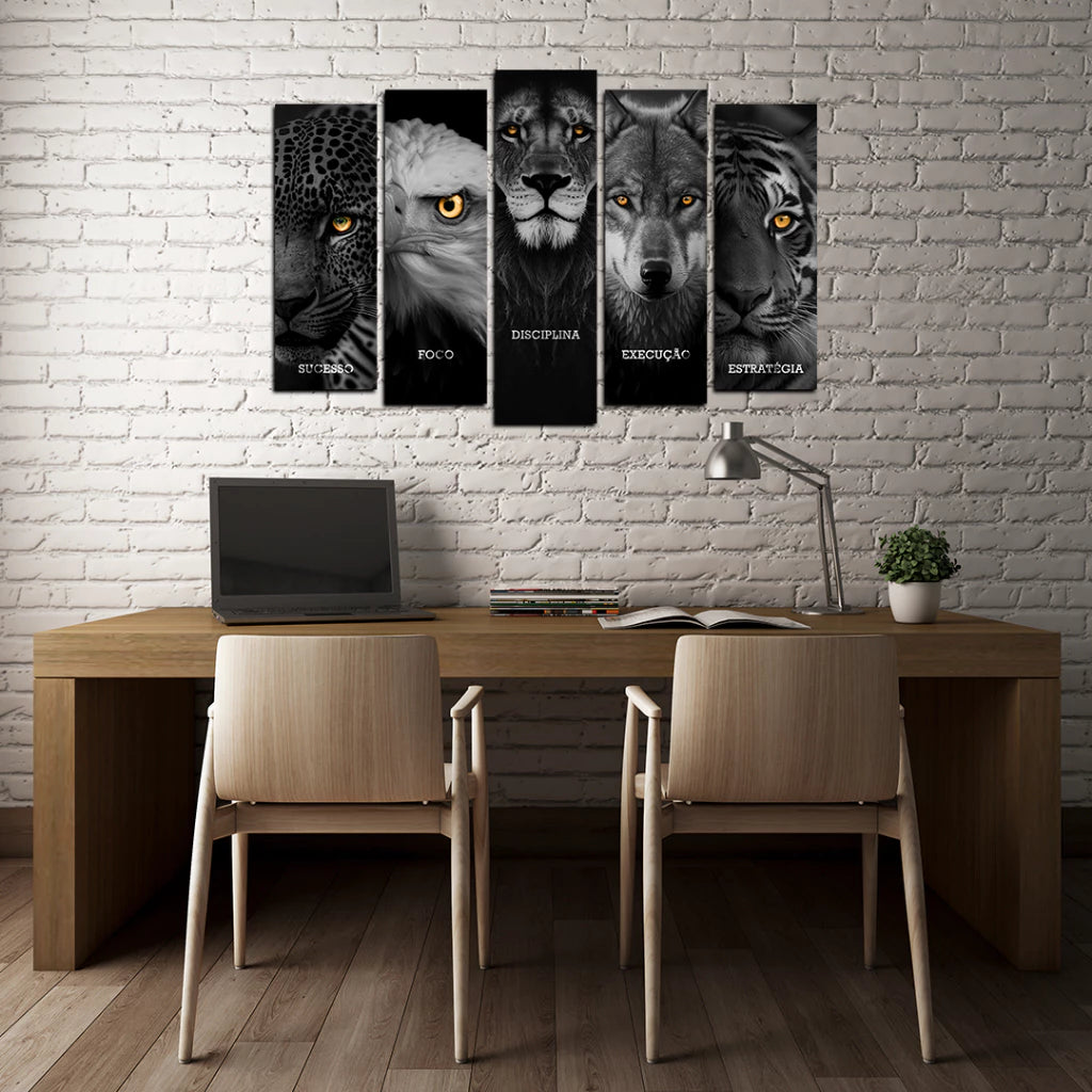 Quadro Decorativo 5 em 1 |  Leão, Lobo, Águia, Tigre e Onça | Motivacional