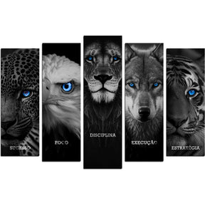 Quadro Decorativo 5 em 1 |  Leão, Lobo, Águia, Tigre e Onça | Motivacional