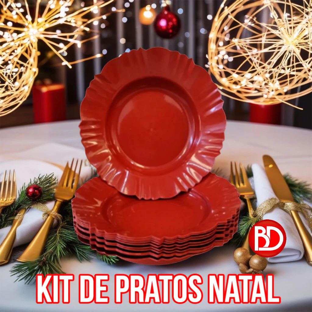 Kit 10 Pratos Fundos Plásticos Refeição Pétala Vermelho Natal boas festas